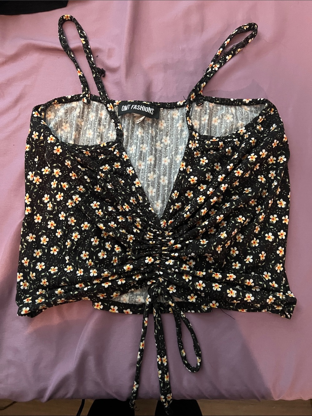 Black Floral Ruched Drawstring Cropped Cami